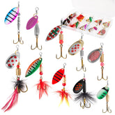 Front view of 10-piece Rooster Tail spinner lures kit with tackle box